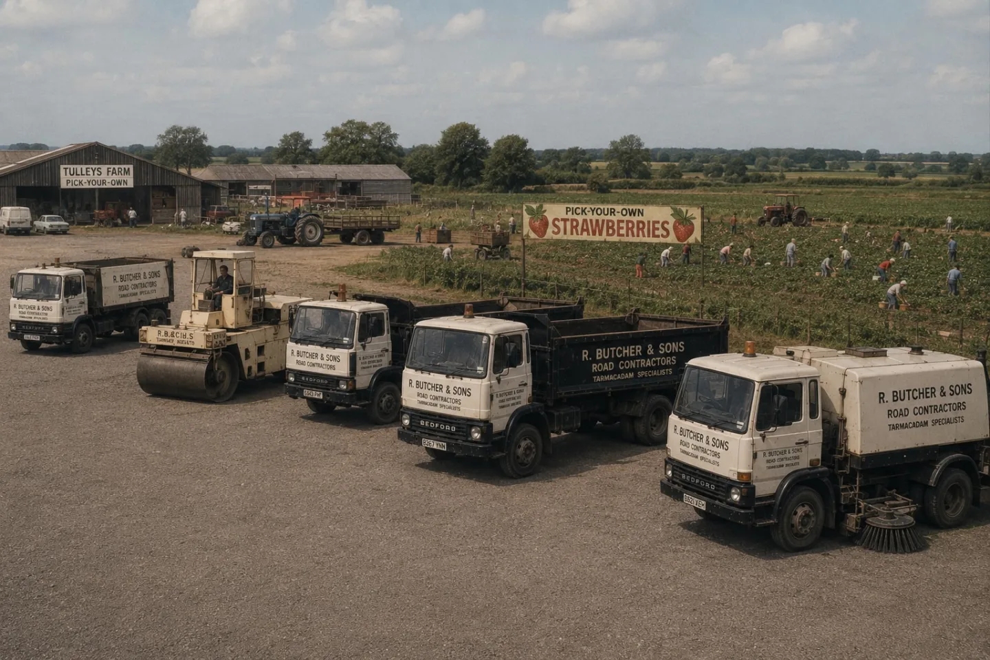 R. Butcher & Sons lorries lined up at Tulleys Farm